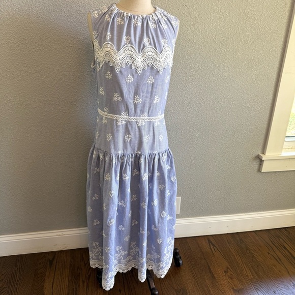 Monique Lhuillier Blue Sleeveless Embroidered Lace Poplin Midi Dress Size 10 EUC - Picture 6 of 9